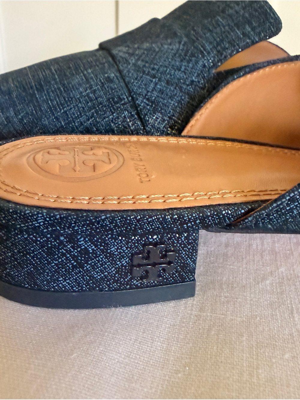Tory Burch Pointed Denim-Textured Slip-On Mules in Dark Blue - Picture 3 of 9